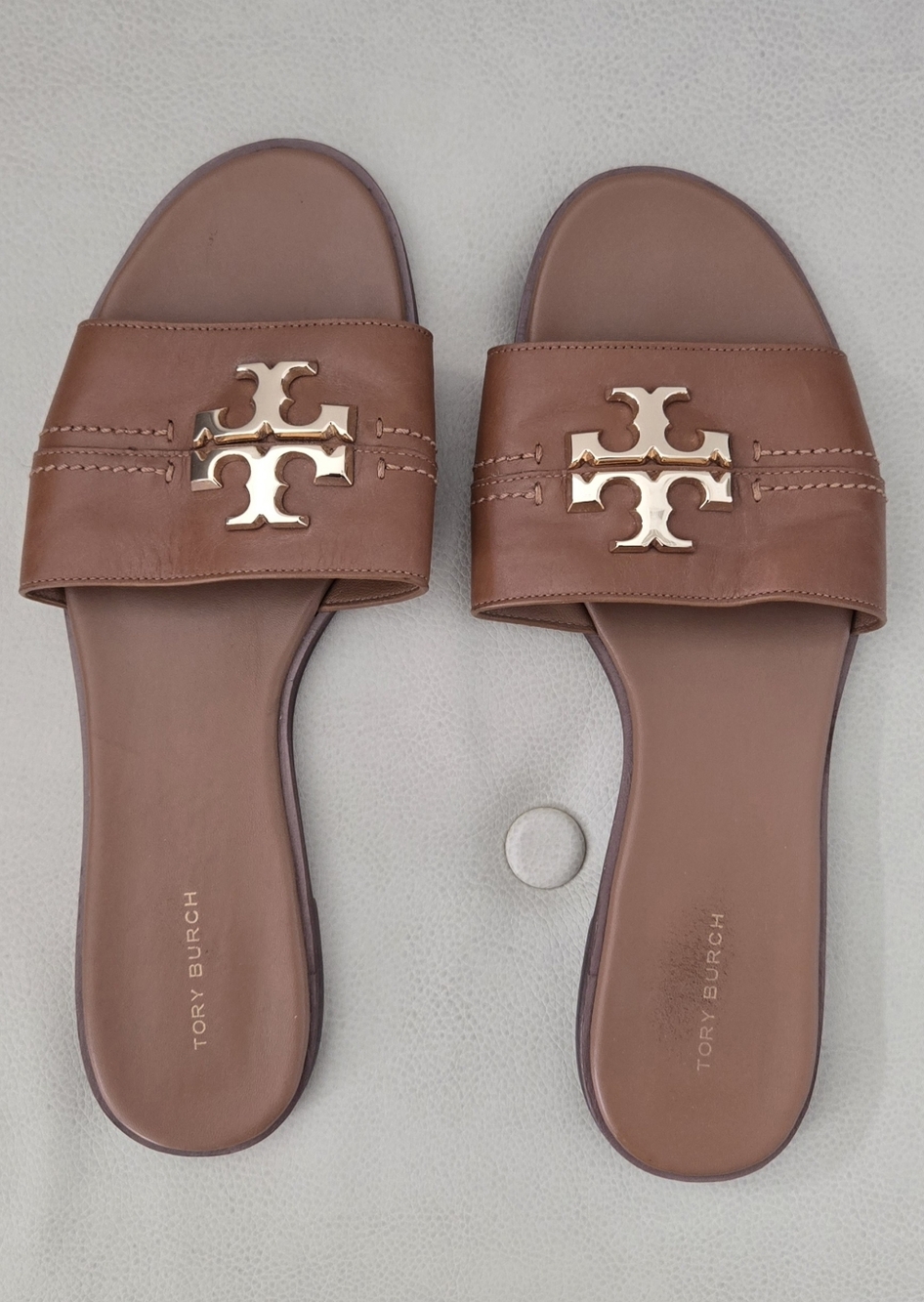 Tory Burch Tan Leather Gold Hardware Slide Sandals